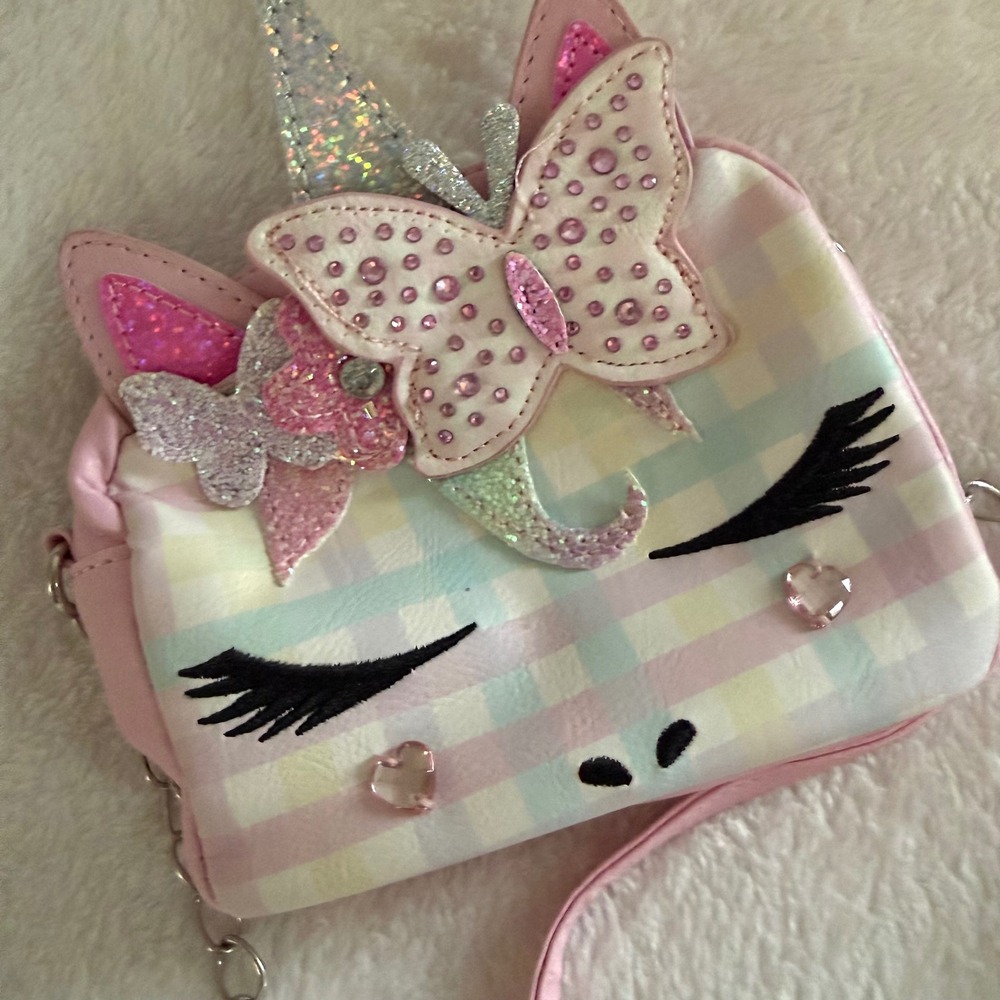 OMG Accessories Unicorn Crossbody Purse Pink Plaid Butterfly Rhinestone Girls